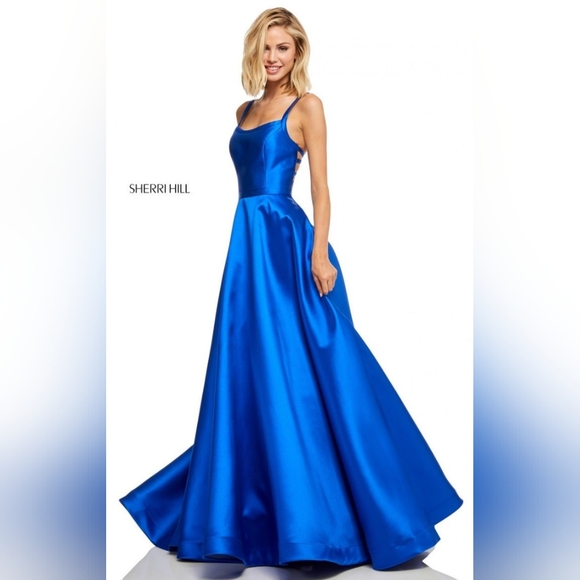 Sherri Hill Scoop Neck Strappy Back Long A Line Satin Dress, Royal Blue 52715 - Picture 2 of 13